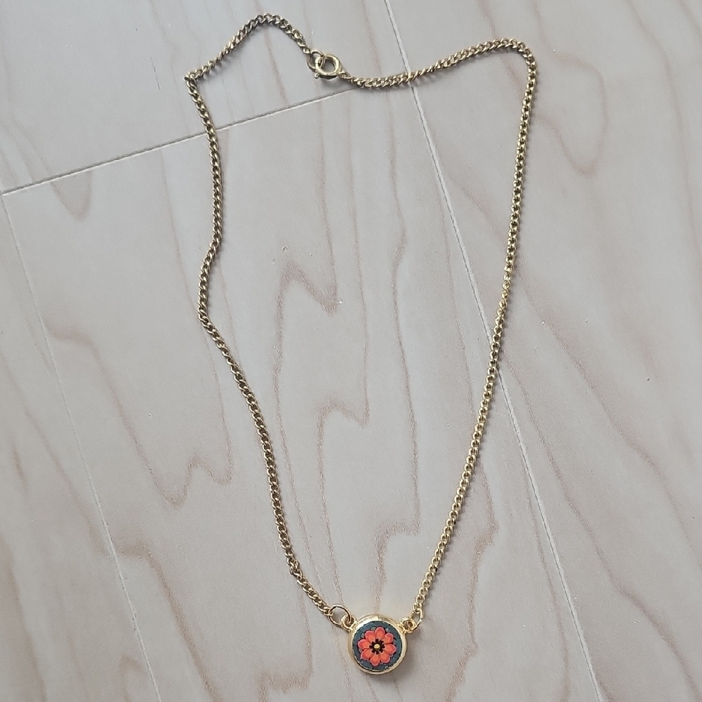 Gold Chain Necklace with Red and Black Flower Pendant